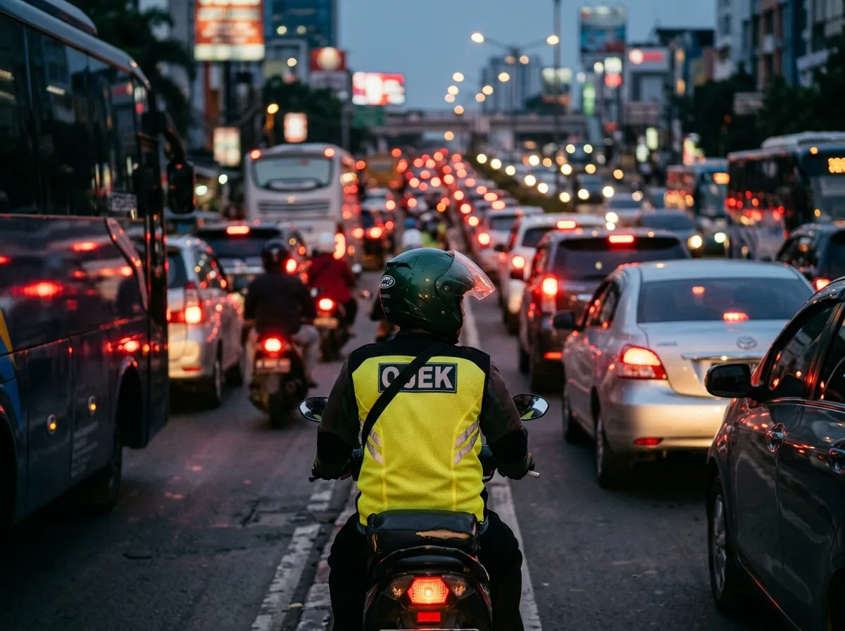 Chauffeur VTC moto en tenue de sécurité dans le trafic urbain