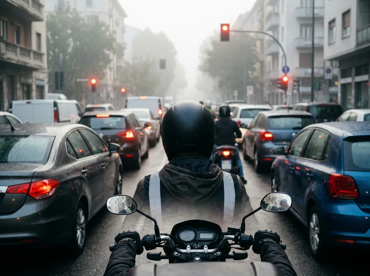 Moto-taxi se faufilant entre les voitures à un feu rouge