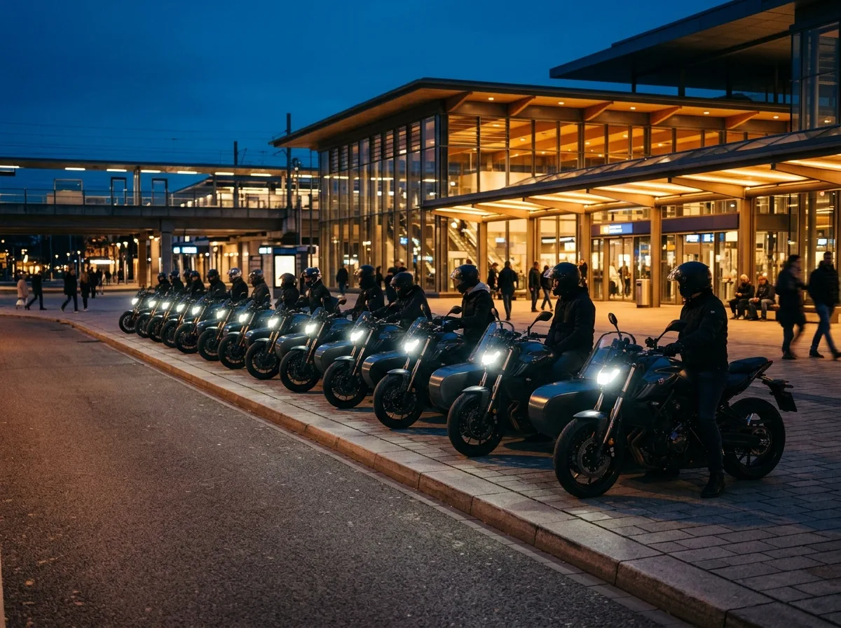 Flotte de motos-taxis garées devant une gare