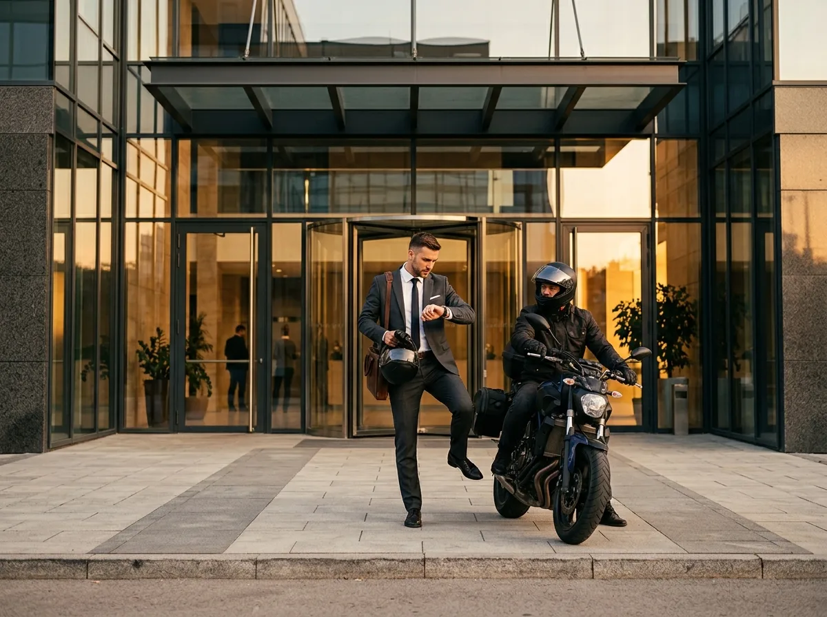 Passager professionnel arrivant à destination en VTC moto